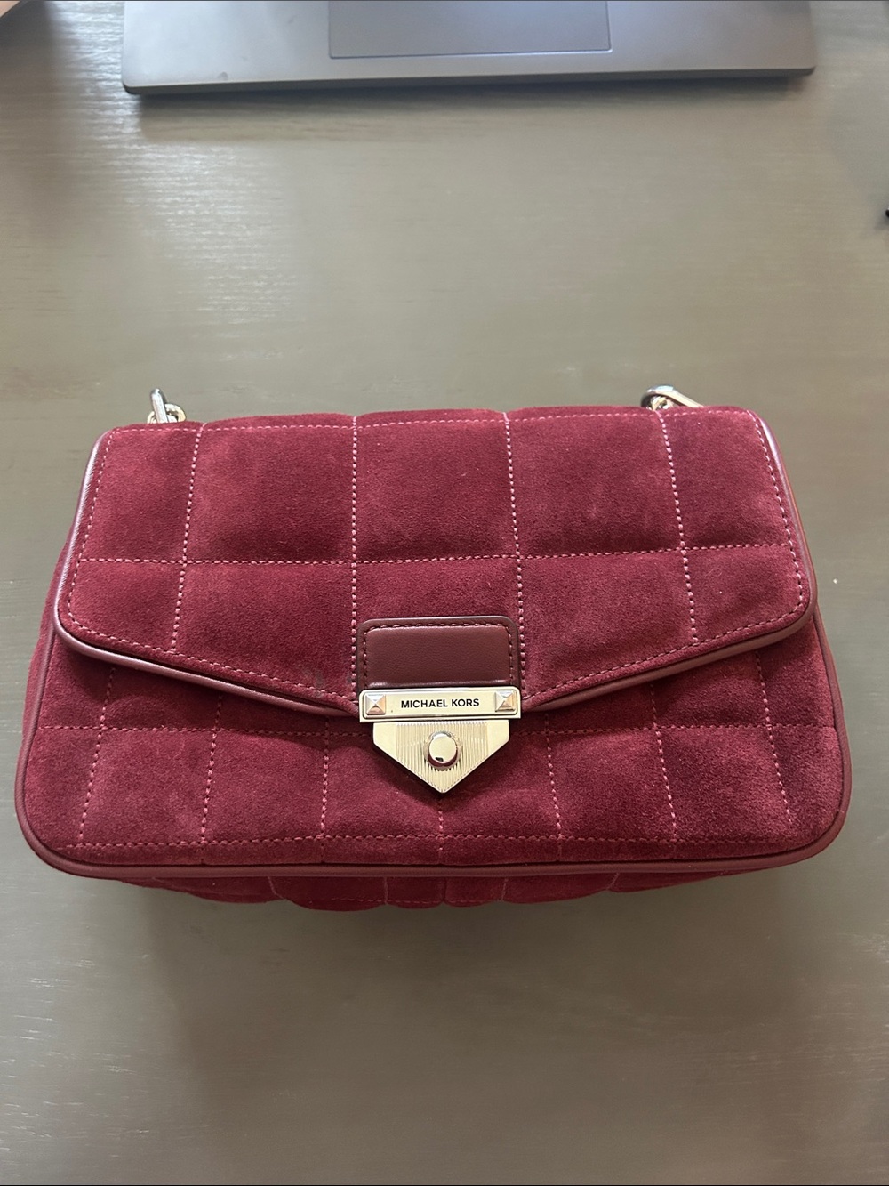 Michael Kors Quilted Burgundy Suede Crossbody with Gold Hardware